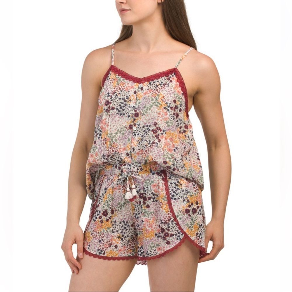 Cynthia Rowley S Dolly Meadow Floral White Burgundy Cotton Camisole Short PJ Set